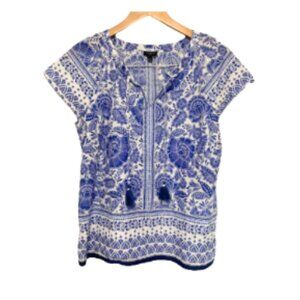 Talbots LIKE NEW 100% cotton blue/white floral split neck tassel detail blouse M
